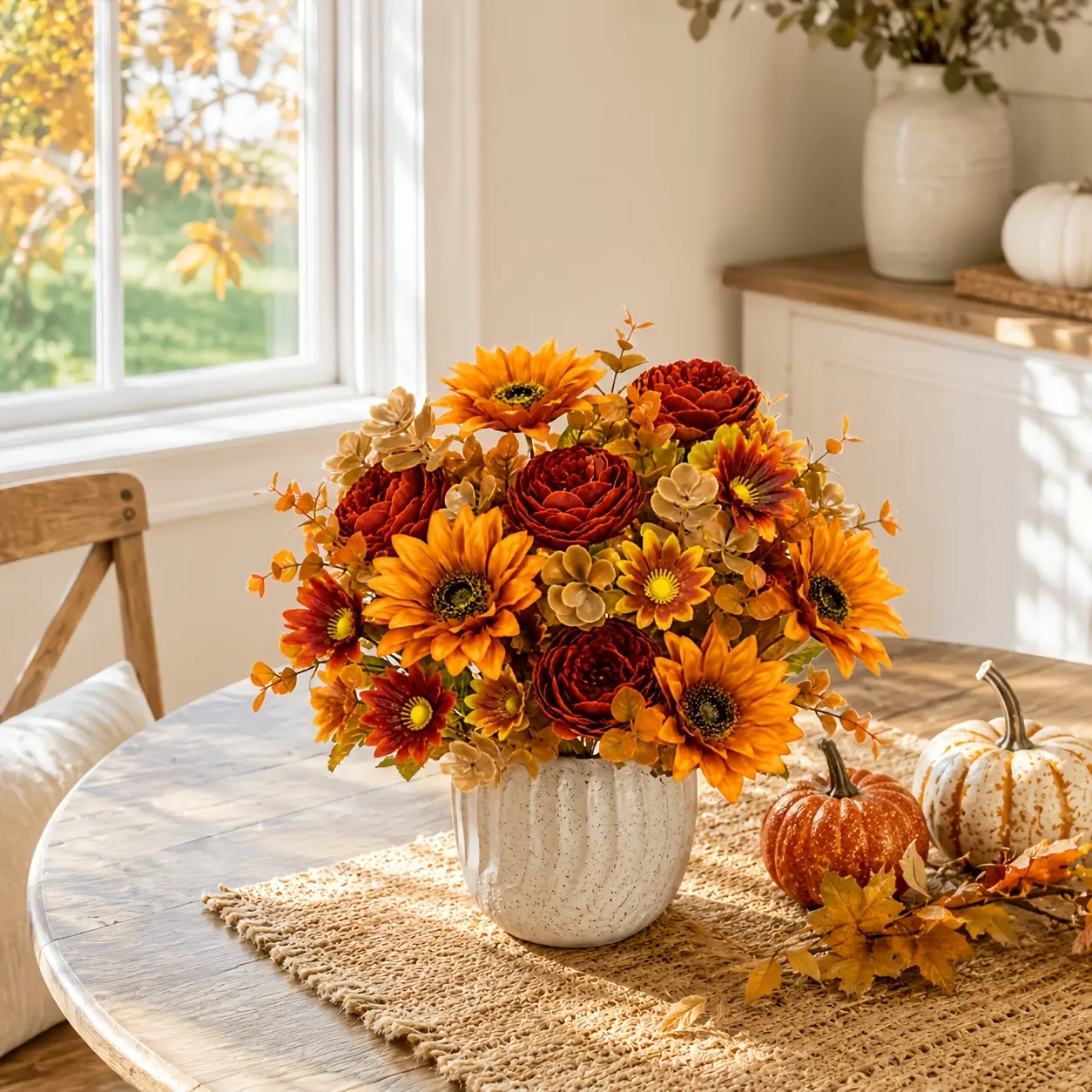 A 6-piece set of simulated peony and sunflower floral decorations, suitable for home decoration, porch, patio, dining table, garden, farmhouse decoration, Thanksgiving, autumn decoration, wedding, gift, and floral arrangement.container-free