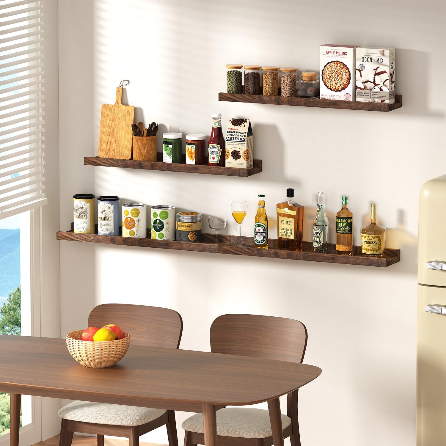 Floating Shelves for Wall, Solid Pine  Floating Shelf with Lip for Bedroom, Living Room, Kitchen, 16 Inch Wall Mounted Storage Shelves for Room Decor Organizers Set of 4 (Walnut, 4Pack 16inch)