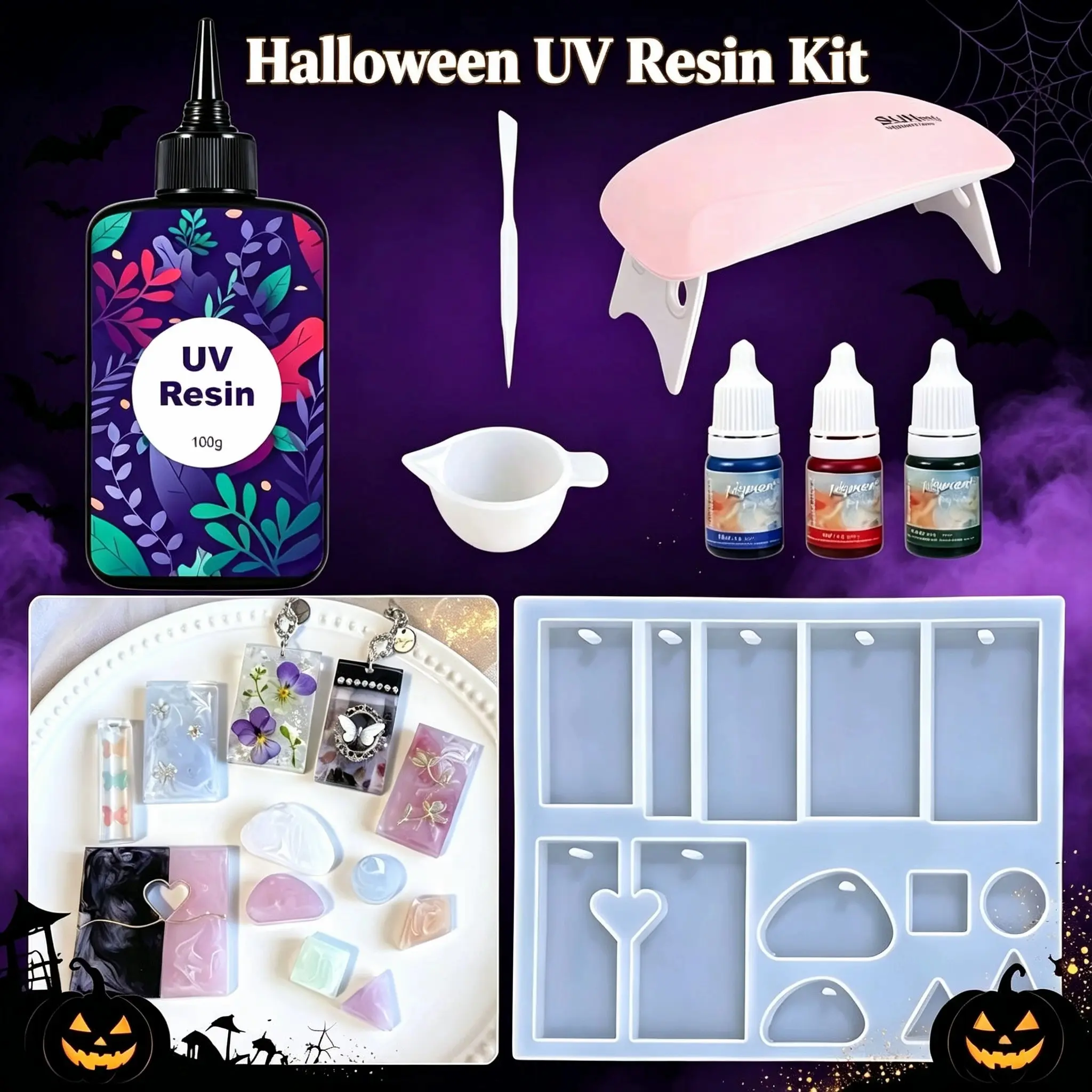 100g High-Transparency UV Resin Kit, Includes Curing Lamp & Mold, 6 LED UV Lamps, Handmade Jewelry Making, Halloween Gift