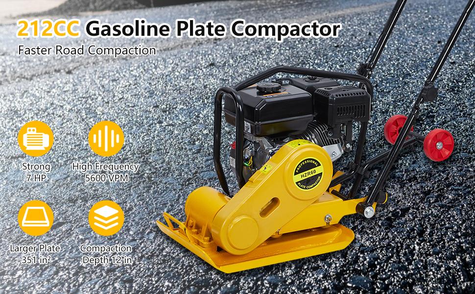 7HP Plate Compactor Rammer, 212CC Gas Engine, 4200lbs Compaction Force Rammer Jumping Jack Tamper, 22.1x15.9 in Plate, 5600 VPM Pavement Compactor for Walkways, Asphalts, Paver Landscaping