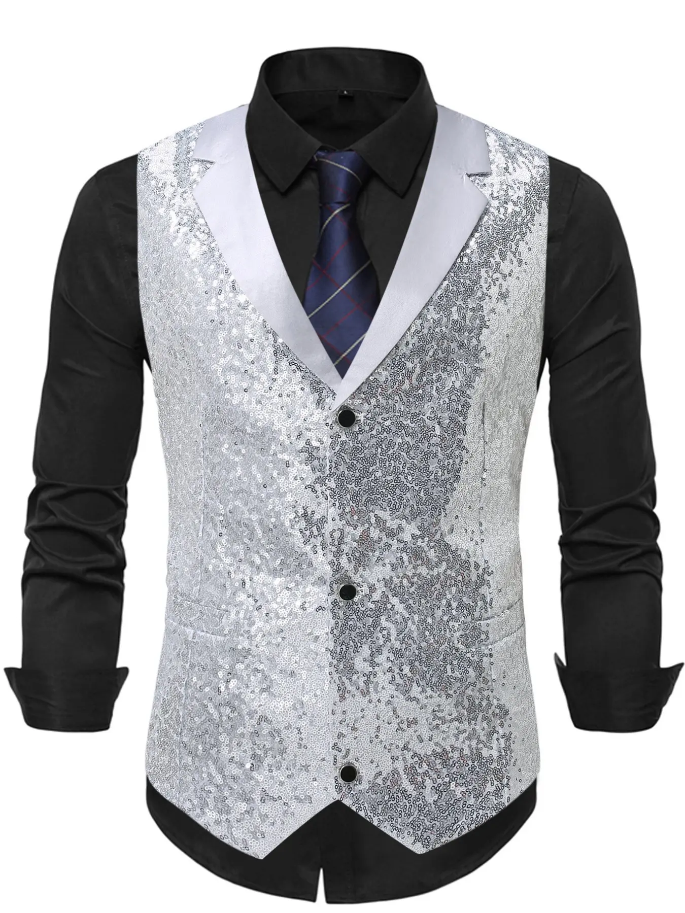 Men's Sequined Blazer Vest, Silver Color, Perfect for Parties, Shows, Nightclubs, Slim Fit Evening Gown