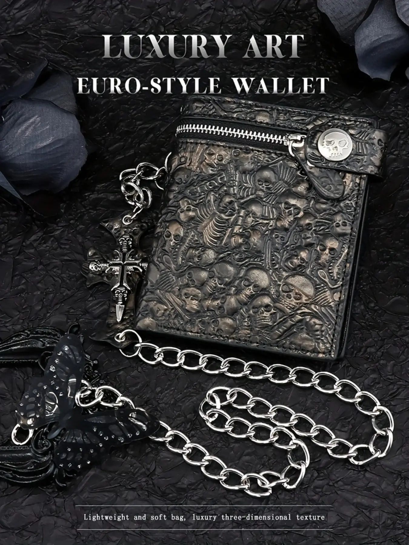 Punk Style Grim Reaper Wallet, Men's Bi-Fold PU Coin Purse and Card Holder, Portable Chain Bag, Streetwear Trend Wallet Clip