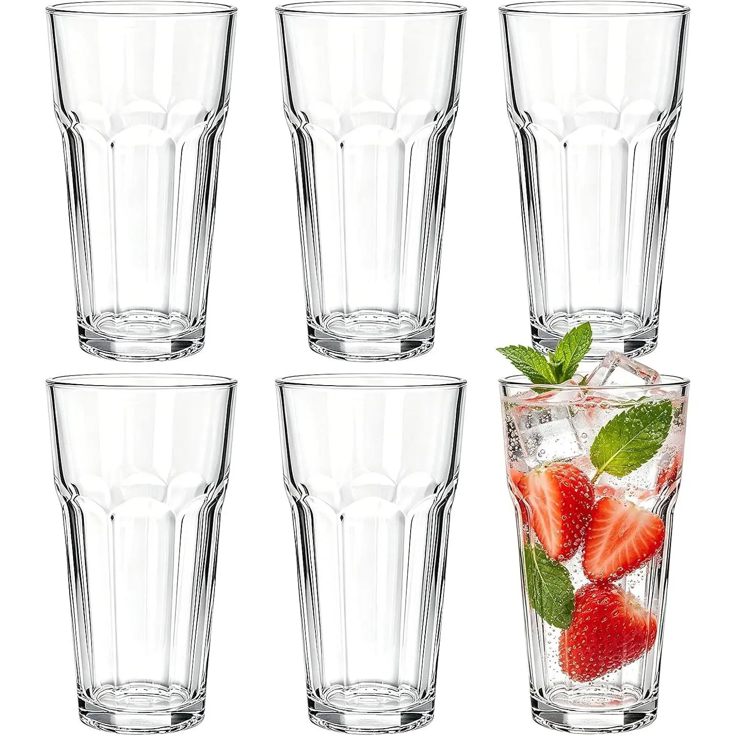 16oz Highball Glasses Set of 6, Thick Lead-Free Glass Tumblers | Clear Drinking Glasses with Heavy Base for Water, Juice, Beer, Cocktails, Dishwasher Safe Bar Glassware, Ideal Gifts