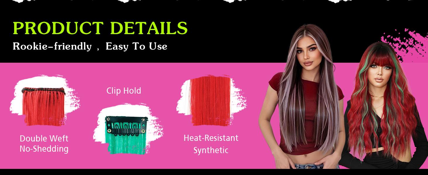 SOFEIYAN 10 Pcs Colored Hair Extensions Party Highlights Colorful Clip in Hair Extensions 22 Inch Straight Synthetic Hairpieces for Women Kids Girls Halloween Christmas Cosplay