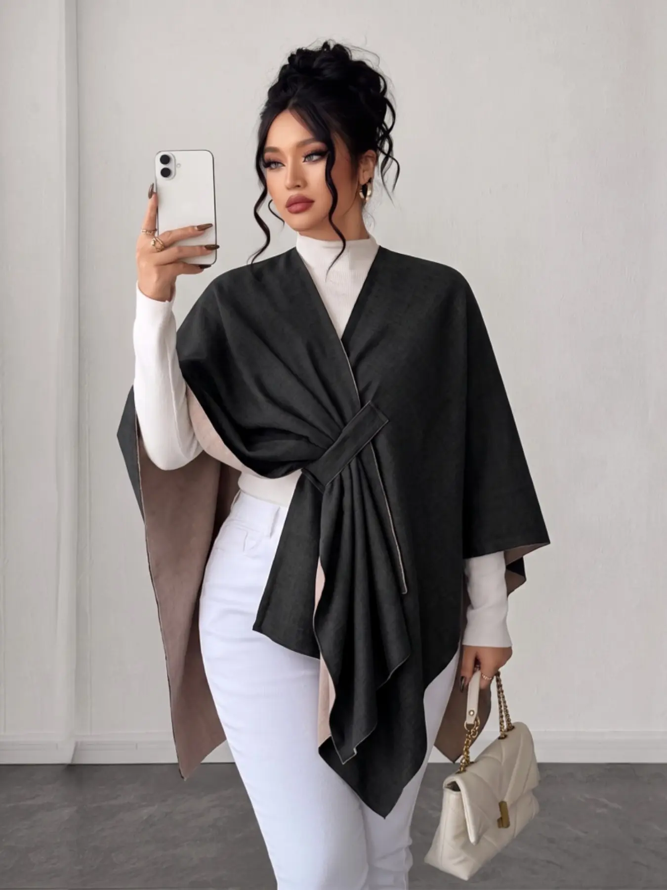 Women's Elegant Reversible Cape Shawl, Belted Wrap Poncho, Thick Warm Winter Outerwear, Modest Travel Cover Up, Ideal Gift