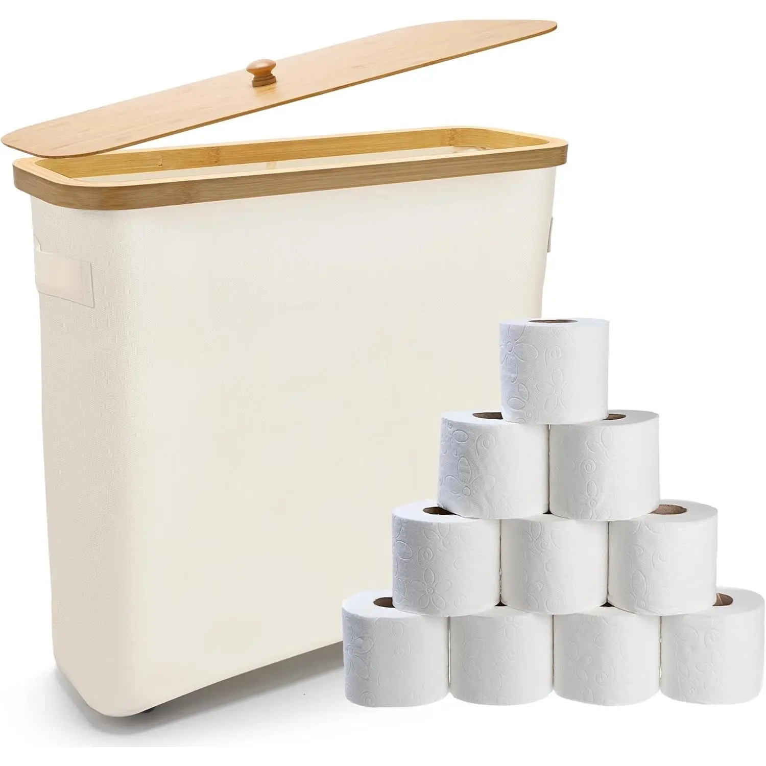 24L Paper with Bamboo Lid and Anti Slip Foot Nail for 12-Roll Standard Paper Container Holder with Handle Beige