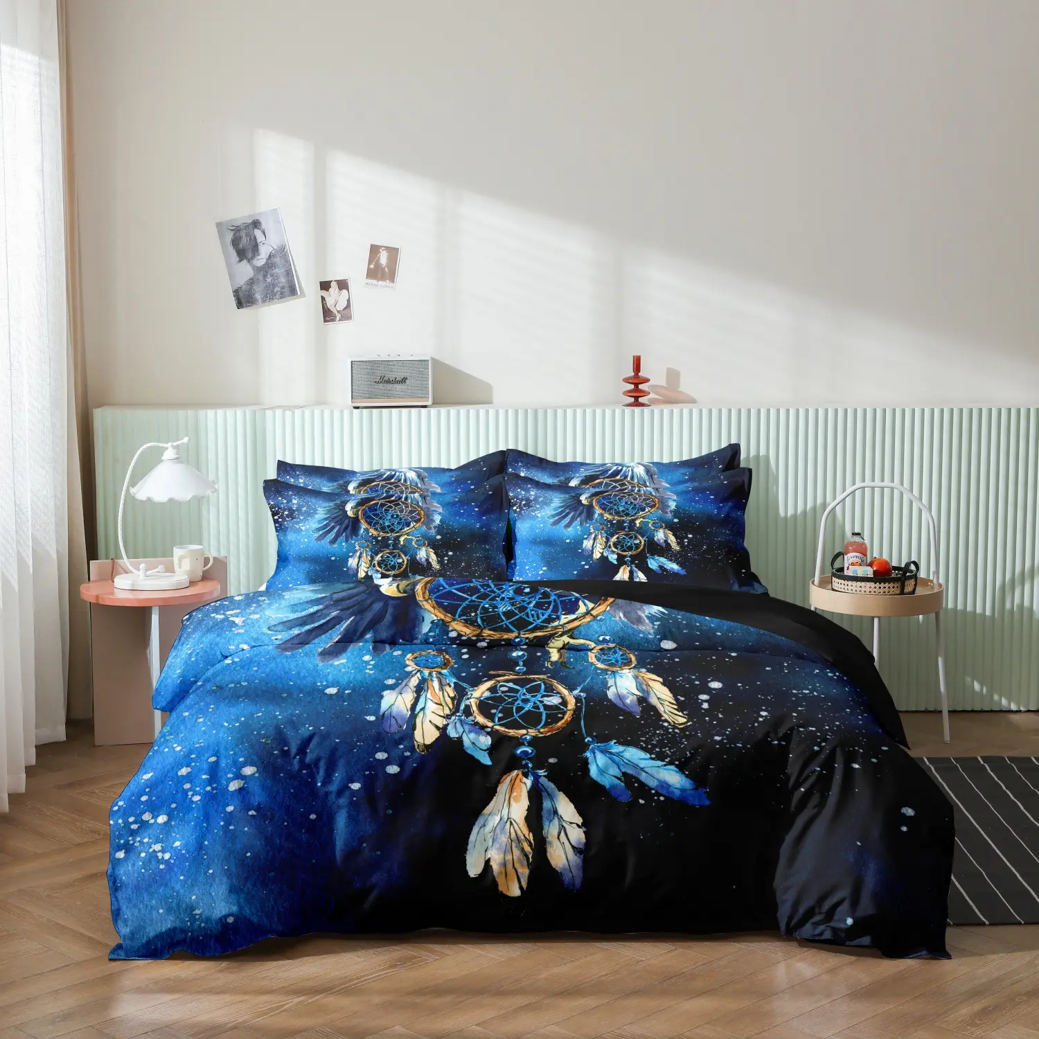 3 Pieces Deep Blue Starry Sky Dreamcatcher Feather Print Duvet Cover Set, Bohemian Galaxy Snowflake Mystical Print Bedding, Soft Microfiber Boho Aesthetic Bedroom Decor (1 Duvet Cover + 2 Pillowcases, No Comforter No Pillow)