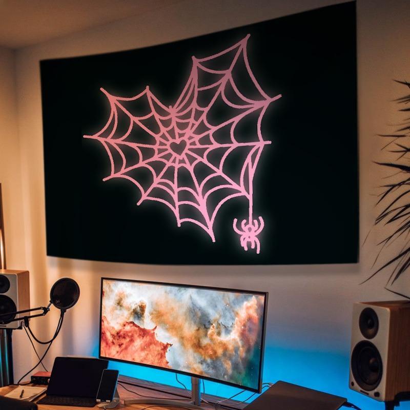 Spider Web & Heart Pattern Glow in the Dark Tapestry, USB Plug-in LED String Light Included, Wall Hanging Decor for Home Living Room Bedroom, Vanity Decor Accessories