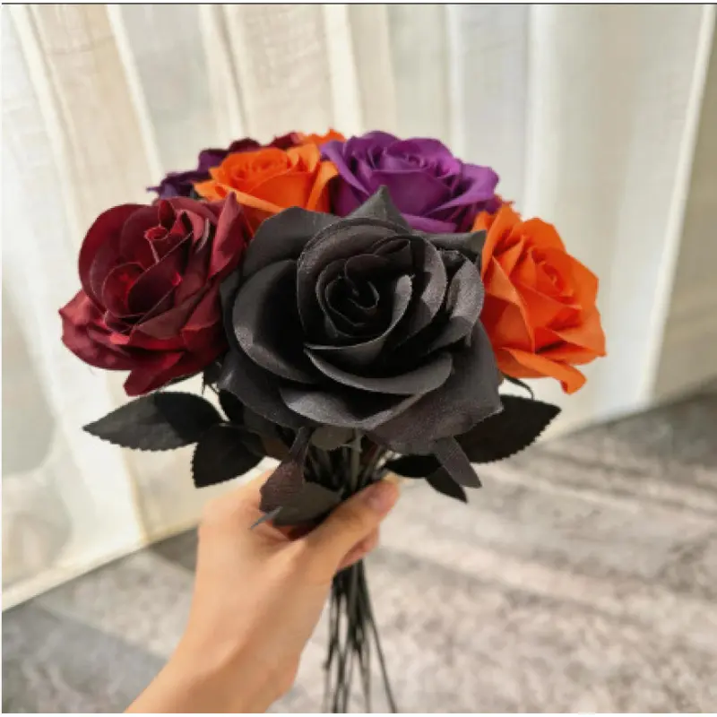5/10PCS Artificial Black Roses, Gothic Dark Fake Silk Roses, Halloween Floral Stems for Party Vase Arrangement, Haunted House & Spooky Home Decor
