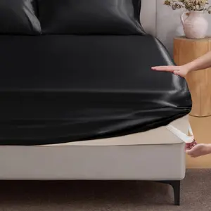 Fitted Sheet Queen Size with Elastic Corner Straps, Luxury Soft Silk-Like Bed Sheet for Hair & Skin, 1 Deep Fitted Sheet Only Fits 15" Mattress, Fade & Wrinkle Resistant, Black