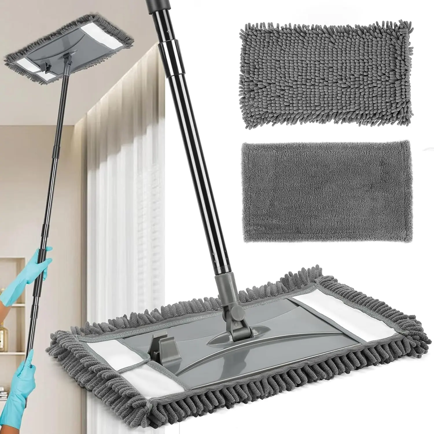 Long Handle Wall Cleaner Mop with 2 Reusable Microfiber Pads, Dry Wet Dust Cleaning Mop for Washing Walls, Floor, Ceiling Cleaning