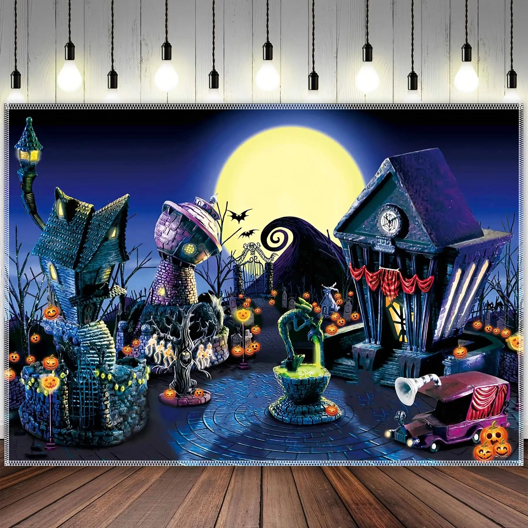 Halloween photography background, pumpkin moon town photo background, party banner decoration