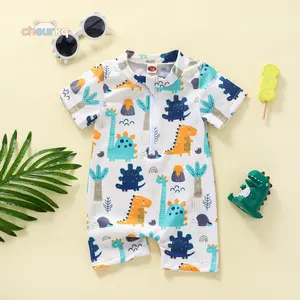 Kids Boys Summer Swimsuit Casual Cartoon Dinosaur Printed Short Sleeve Zipper Jumpsuit Swimwear Beachwear