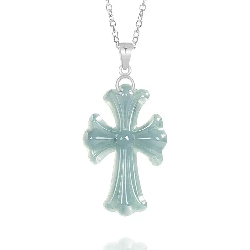 Original Natural A-grade Blue Water Cross Jade Pendant Necklace For Men's Charms Women's Gifts Jewelry Drop Shipping