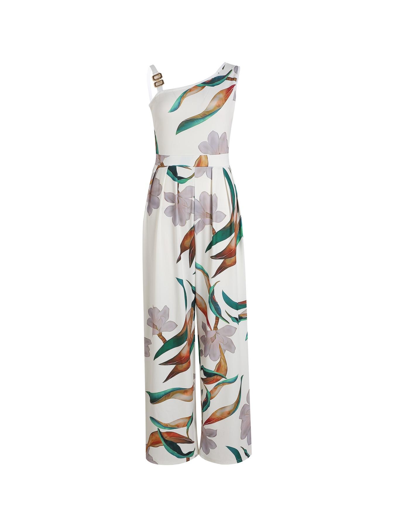 Women's Floral Print Ring-Linked Asymmetrical Neck Jumpsuit, Boho Casual High Waist Wide Leg Jumpsuit for Summer, Womenswear