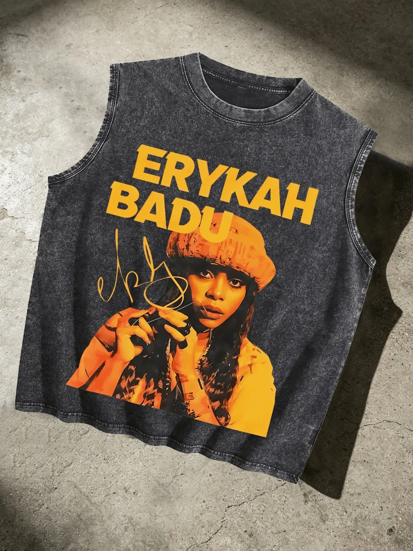 Vintage Wash Casual Erykah Badu Portrait Graphic Sleeveless Tank Men, 90s Hip Hop Music Fan Cotton Muscle Vest