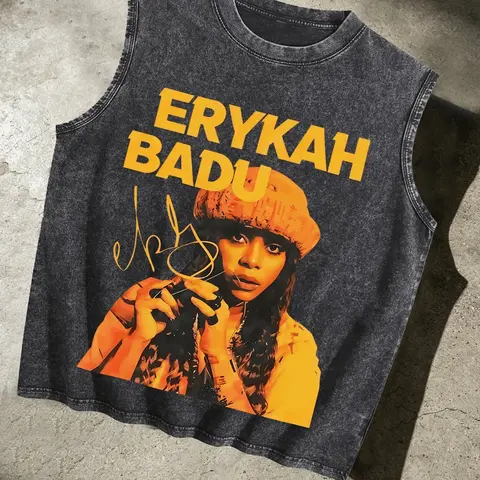 Vintage Wash Erykah Badu Portrait Sleeveless Tank Men, 90s Hip Hop Music Fan Cotton Muscle Vest Graphic Tank Top