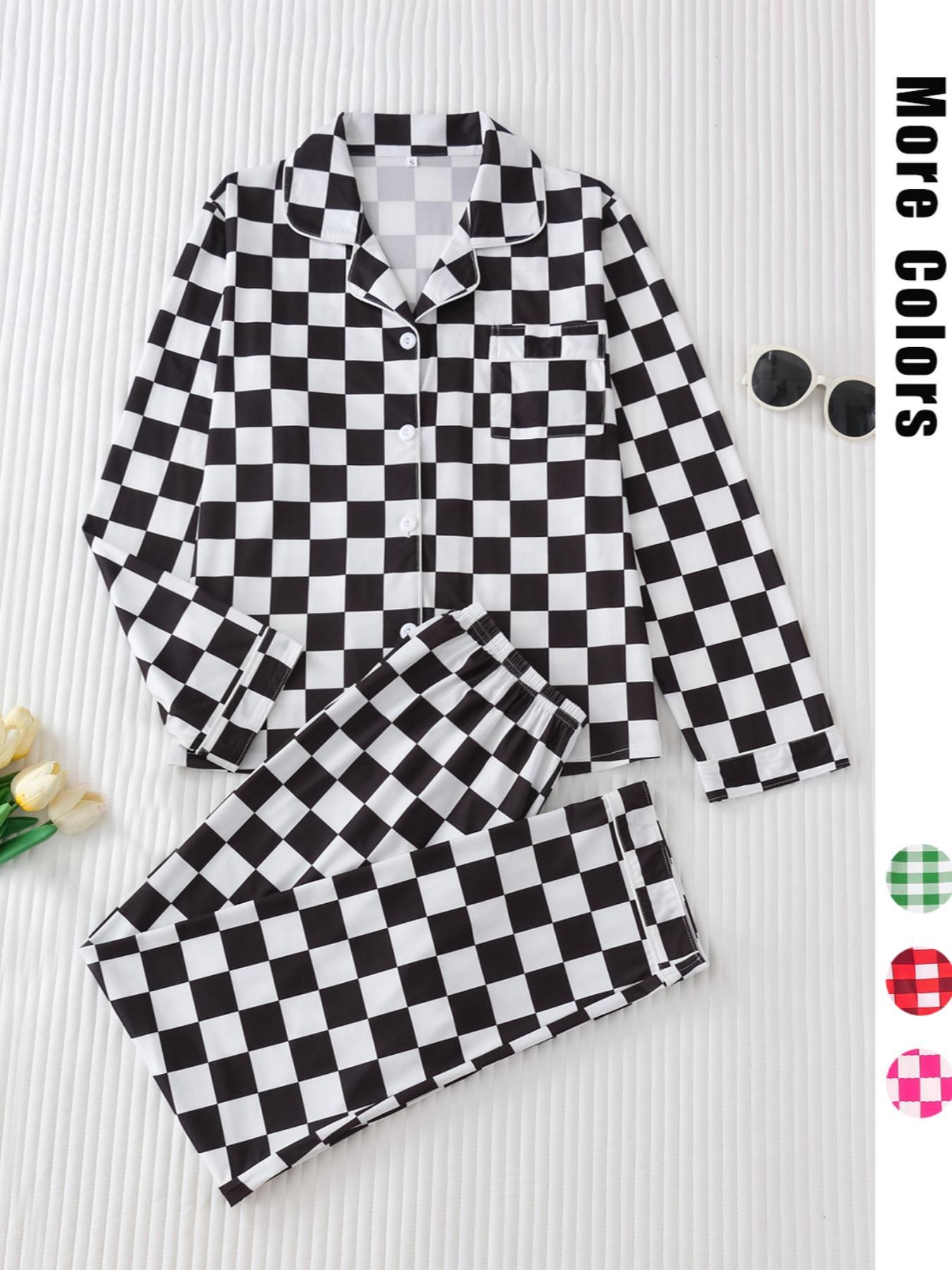 Women's Plaid Print Lapel Neck Button Front Top & Pants Pajama Two-piece Set, Elegant Comfy Long Sleeve Top & Pants Pj Set, Ladies Sleepwear for Spring & Fall, Casual Sleepwear Set