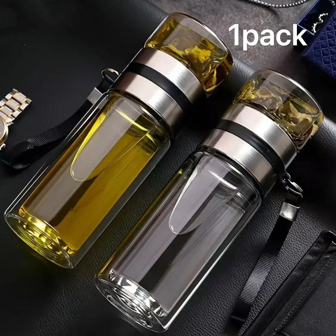Luxury Double-Walled Borosilicate Glass Tea Tumbler with Stainless Steel Infuser, Food Grade BPA Free Lead & Cadmium Free Thickened Heat Resistant Anti-Scald Leak Proof Portable Tea Cup, Dishwasher Safe Ideal Business Birthday Gift for Men Women Office