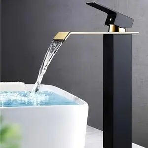 Bohemian Style Single Hole Bathroom Sink Faucet - Black & Golden Waterfall Spout with Valve, Temperature Control, Includes Mounting Hardware & G1/2 Threads for Vanity Sinks, Bathroom Basin Sink, Luxury Washroom Fixture, Finish