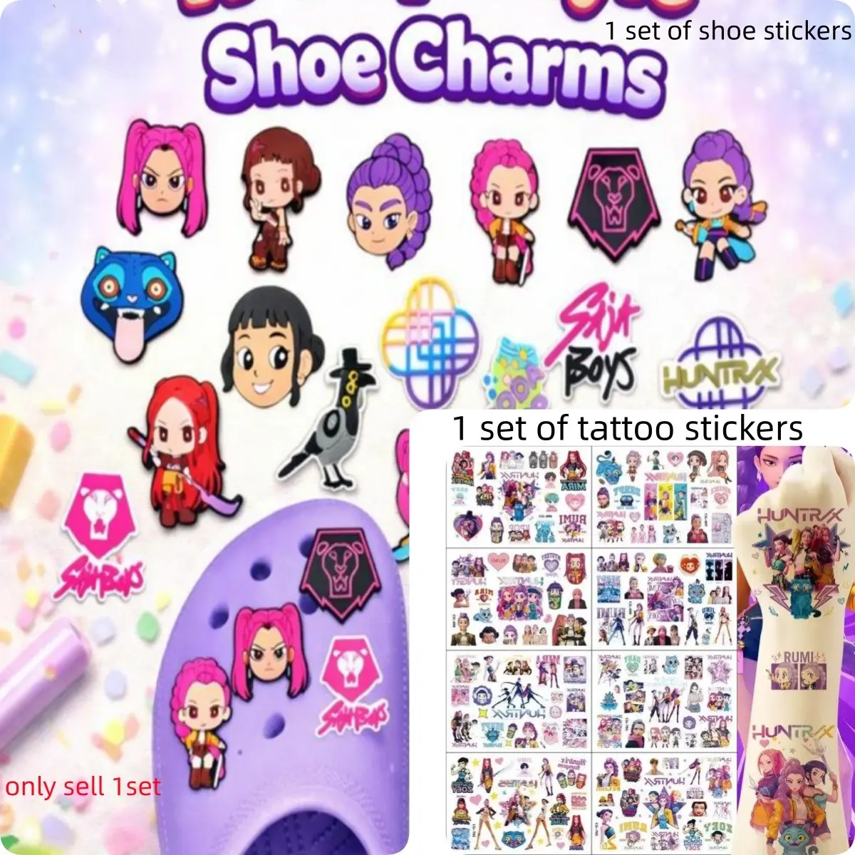 Kppo 114 Singing Girl Hunter Team Temporary Tattoo Stickers, designed for children and teenagers, safe and easy to erase, 18 sets of decorative shoe stick sets, PVC material, DIY tattoo stickers and shoe accessories, role-playing gifts