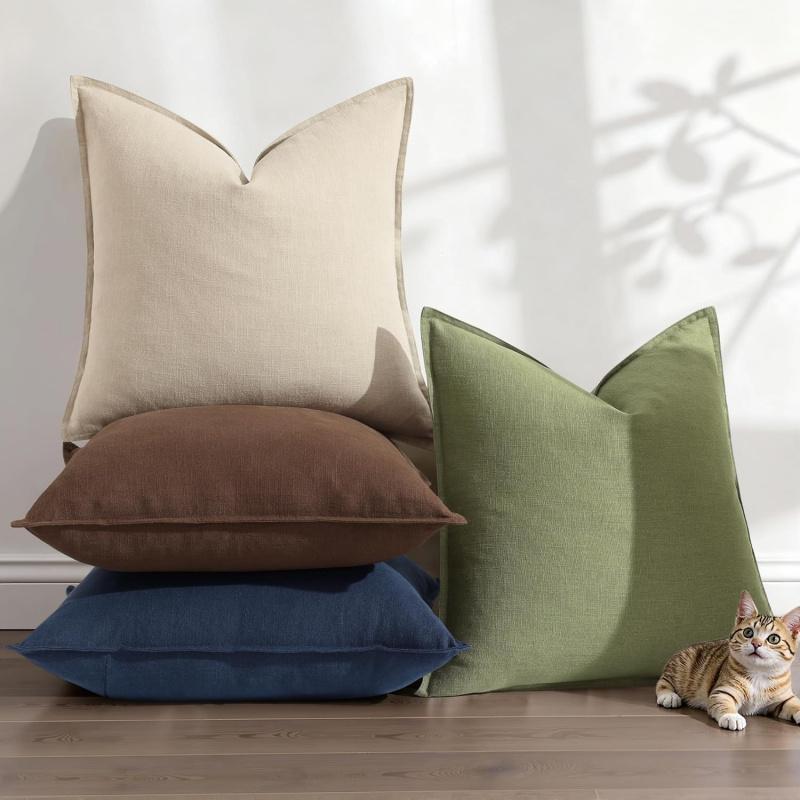 Spring Decorative Linen Throw   20x20 Inch Set of 2 Natural Beige   with Flange Edges Soft Farmhouse Boho Accent  Cases for Couch Bed Living Room Pillow Covers