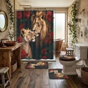 4pcs Lion and Lioness Red Rose Shower Curtain Set Toilet Seat Cover U-Shaped Bath Mat Bathroom Decor Romantic Safari Animal Couple King Queen Wall Art Valentine's Day Anniversary Wedding Decorations