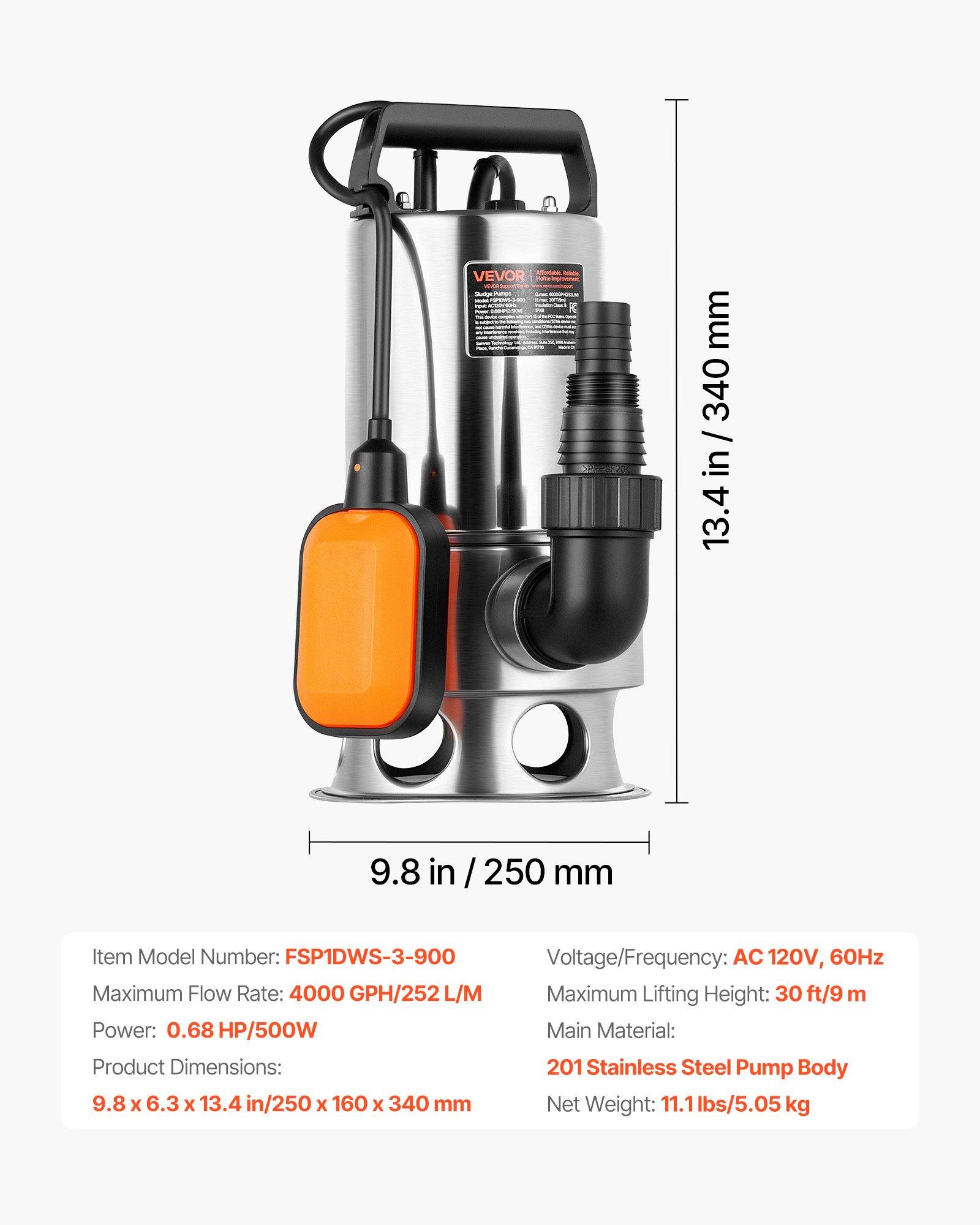 VEVOR 0.68 HP Submersible Sump Pump, 4000 GPH, Stainless Steel Submersible Sewage Dirty Clean Water Pump with Automatic Float Switch, Long Cord, 30 ft Max Lift, for Pools, Garden, Flooded Basement VEVOR 0.68 HP Submersible Sump Pump, 4000 GPH, Stainless Steel Submersible Sewage Dirty Clean Water Pump with Automatic Float Switch, Long Cord, 30 ft Max Lift, for Pools, Garden, Flooded Basement