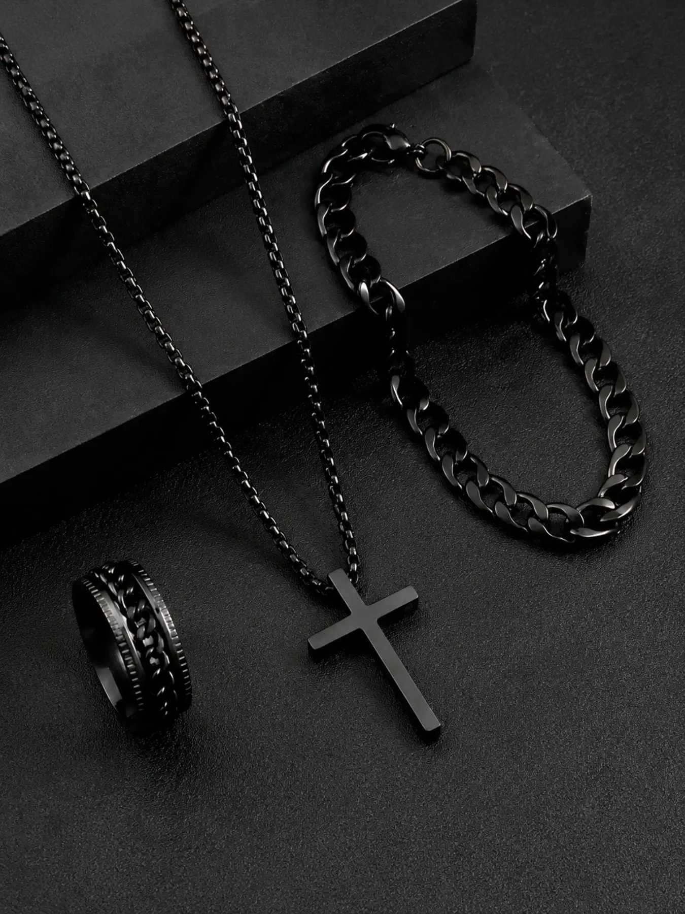 3Pcs Cross Necklace Bracelet Ring Jewelry Set, Minimal Luxury Stainless Steel, Black/Silver Tone Hip Hop Cuban Chain Cross Pendant Ring, High Shine Durable Hypoallergenic, For Men Women, Streetwear Daily Wear Party Gift Birthday Anniversary Holiday Sets.