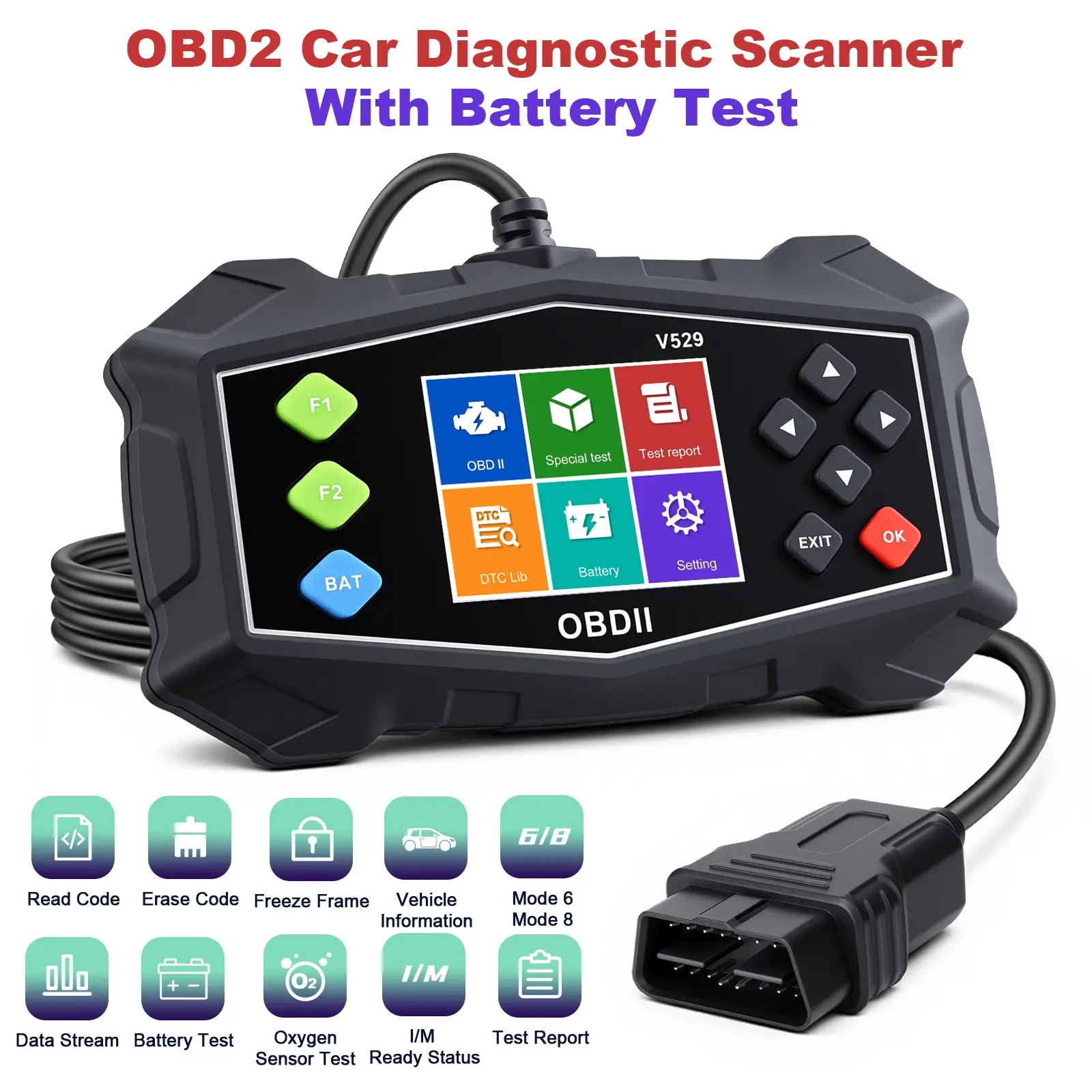 OBD2 Car Scanner Diagnostic Tool, Professional OBD2 Car Scanner with Data Stream, Mode 6, Mode 8 & I/M Readiness, Enhanced Code Reader for Cars and Trucks, 2.8'' Color Screen, Automotive Scan Tool, Suitable for 12V Vehicles