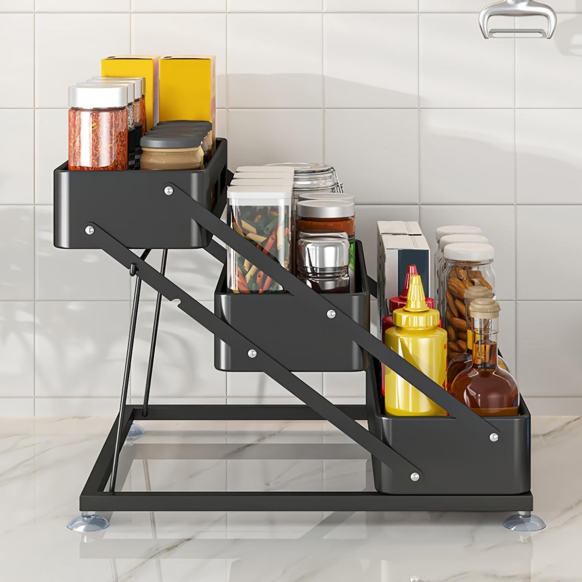 PLL 3-Layer Foldable Cast Iron Spice Rack with Safety Fence-Space-Saving Kitchen Cabinet with Countertop Organizer, Durable Paint Design, Holiday Theme Style, Simple Metal Shape, Solid Construction versatile storage