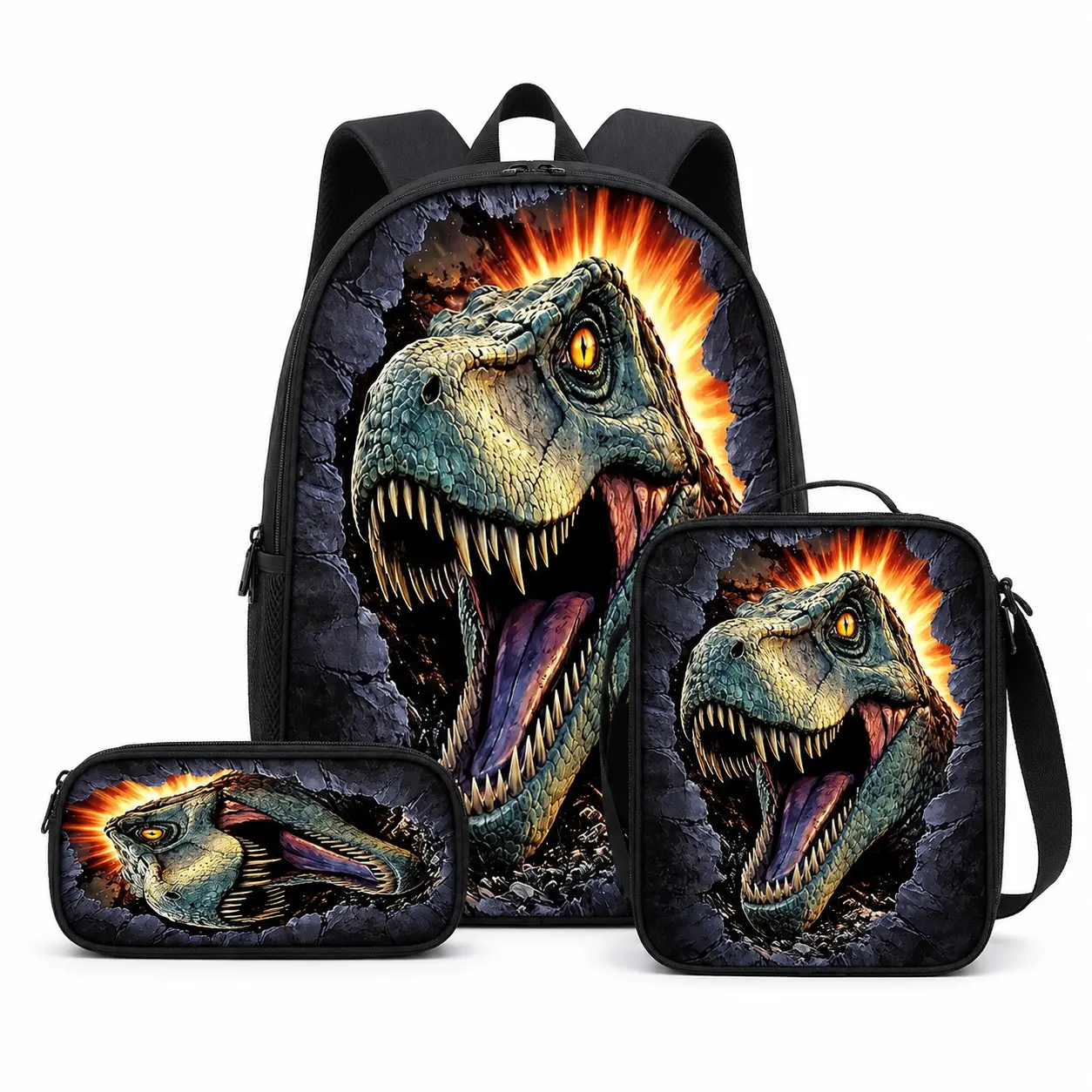 3PCS Kids Backpack Set, Roaring T-Rex Dinosaur Print School Backpack with Lunch Bag and Pencil Case, Jurassic Dino Graphic Large Capacity Bookbag, Lightweight Travel Bag with Adjustable Shoulder Straps, Back to School Gift for Boys Girls