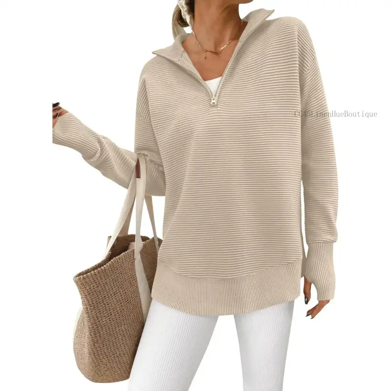 Lady's Longsleeves Knitwear, Women's Quarter-Zip Pullover Sweater with V-Neck Collar, Ribbed Knit, Loose Casual Fit, Thumb Holes, CC45 Linen Hue Boutique Clothes