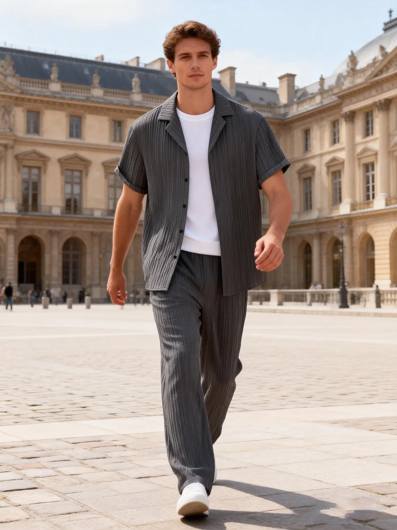 Men Summer 2 Piece Matching Outfit Vertical Striped Crinkle Textured Short Sleeve Lapel Button Shirt & Drawstring Straight Long Pants Set, Lightweight Breathable Loose Casual Loungewear Co Ord Suit For Daily Home Holiday Street Wear