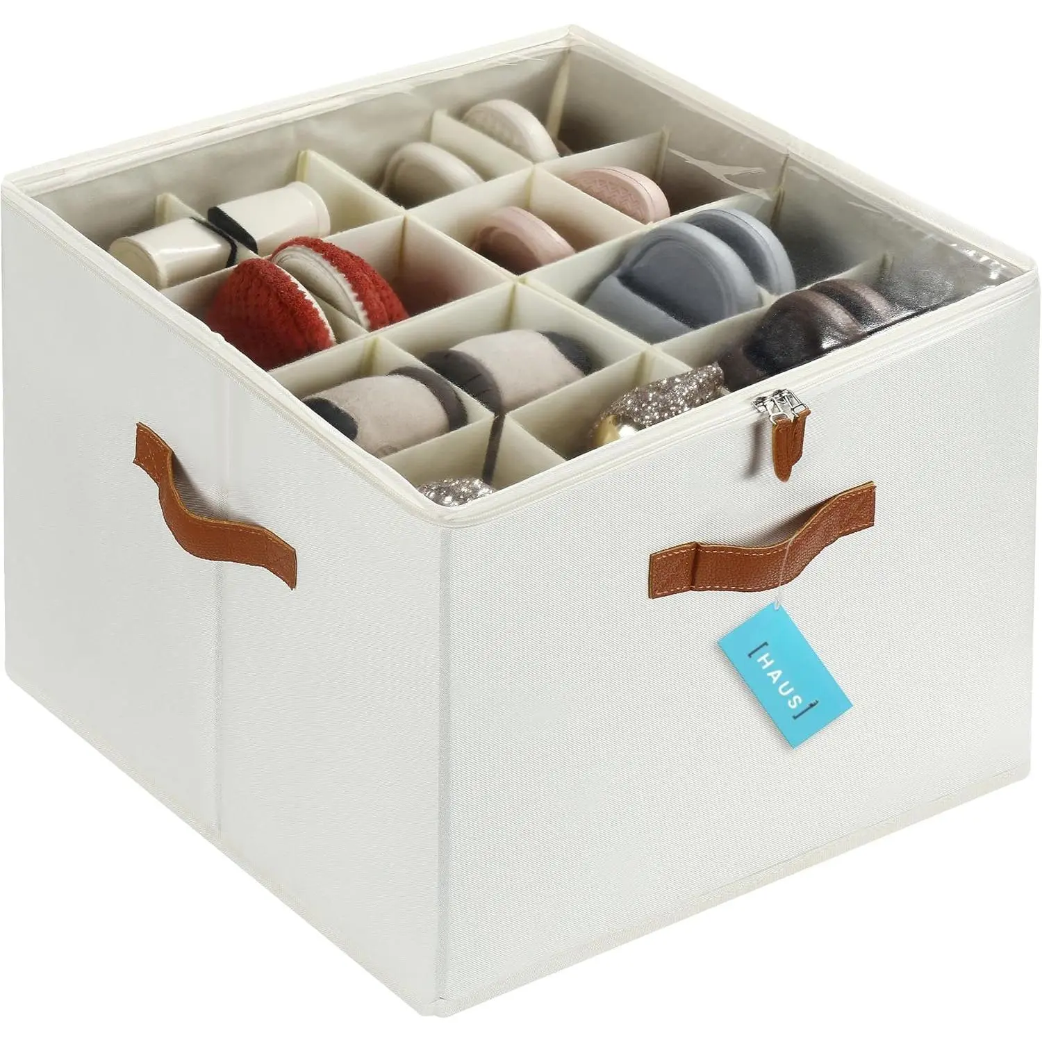 Large Shoe Storage Bin for Closet, Shoe Organizer Box Fits up to 16 Pairs, Collapsible Fabric Shoe Basket w/Clear Cover, Adjustable Dividers & Reinforced Handles,