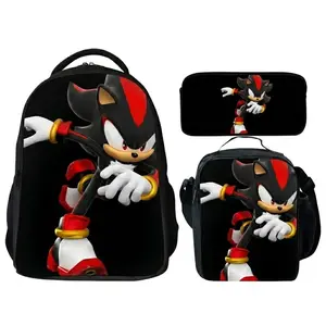 Cool Red & Black Anime Print Backpack 3-Piece Set, Lightweight Water-Resistant Daypack with Insulated Lunch Bag & Pencil Case, Multi-Pocket Daily Commute & Library Bag