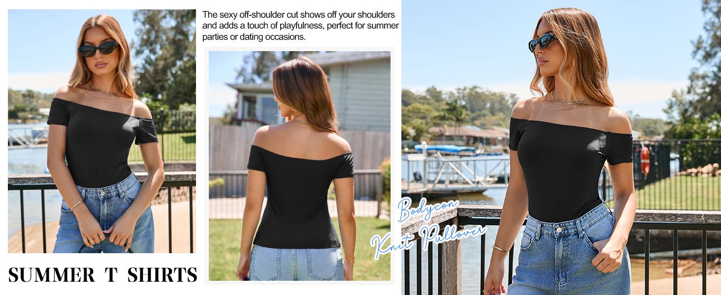 Womens Off The Shoulder Tops Summer Short Sleeve Slim Fit T Shirts Sexy Y2k Going Out Crop Tops Womens Off The Shoulder Tops Summer Short Sleeve Slim Fit T Shirts Sexy Y2k Going Out Crop Tops