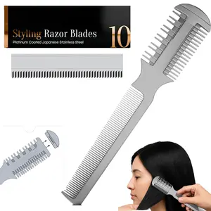 Professional Hair Cutting Razor Comb Kit with 12 Replacement Blades, Double Edge Hair Shaper, Premium Styling Thinning Texturizing Split Ends Trimming Razor Comb, for Salon and Home DIY Use