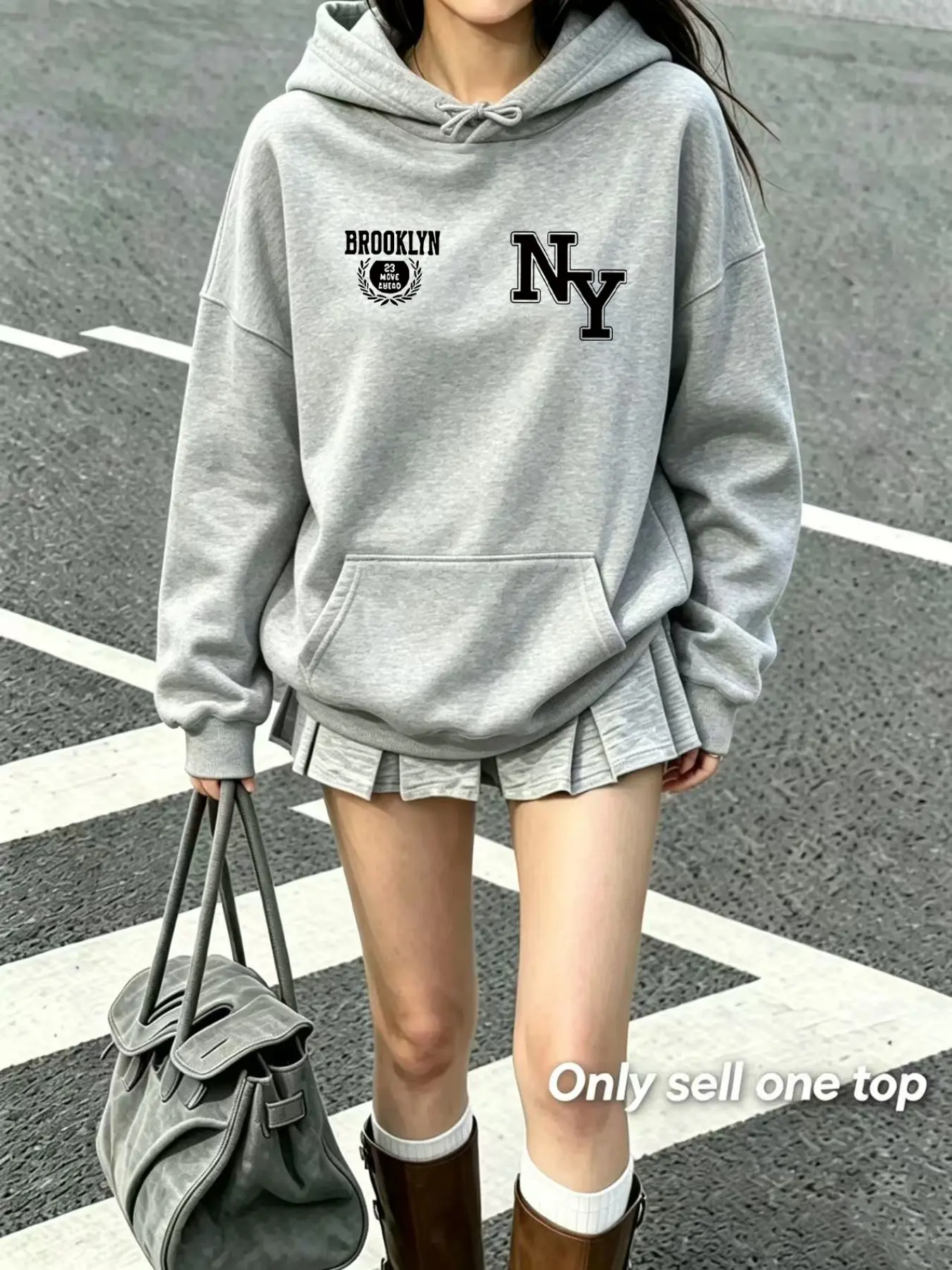 Spring Fall Women's Sporty Hooded Top, Loose Fit Drop Shoulder Ny Letter Brooklyn Print, Casual Long Sleeve Pullover Sweatshirt