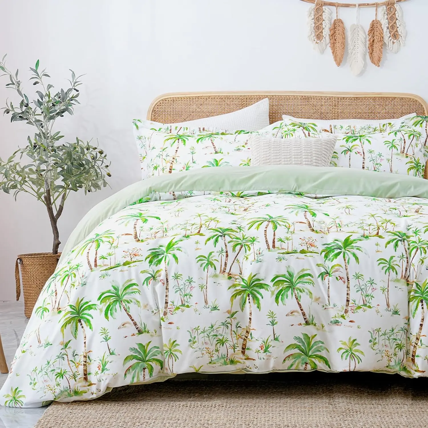 Queen Tropical 3 Pcs Duvet Cover Set, Breathable Soft Microfiber Sage Green Lining Comforter Cover with Zipper Closure, and 2 Anti-Pilling, Fade Resistant Pillowcases, Summer Tree