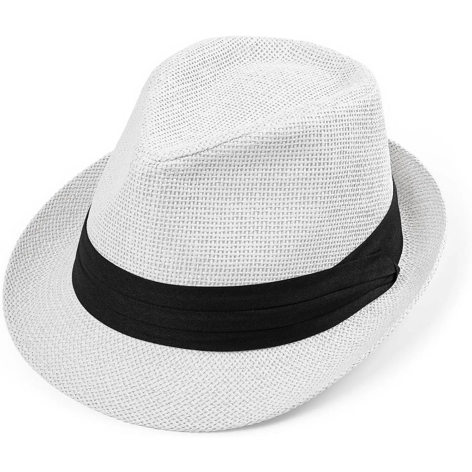 Straw Trilby Fedora Hat for Men Women, 1920s Panama Style Short Brim Summer Beach Sun Hat with Band(Gift)