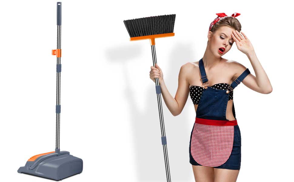 Upgraded broom and dustpan set with automatic cleaning of dustpan teeth, indoor and outdoor sweeping function, for households with dogs, cats and pets.Upright broom and dustpan (gray and orange)