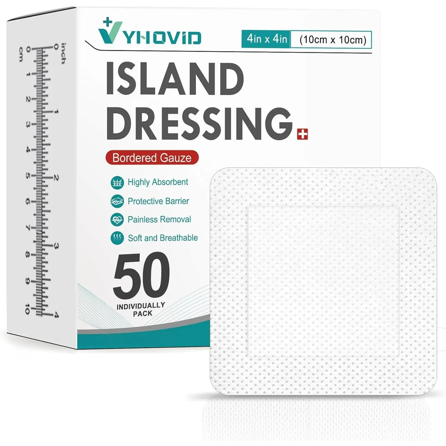 50 Count Island Dressing Bordered Gauze 4" x 4", Gauze Pads Individually Wrapped, Non-Stick Pad in Center with Adhesive Border, Bandages for Wounds, First Aid