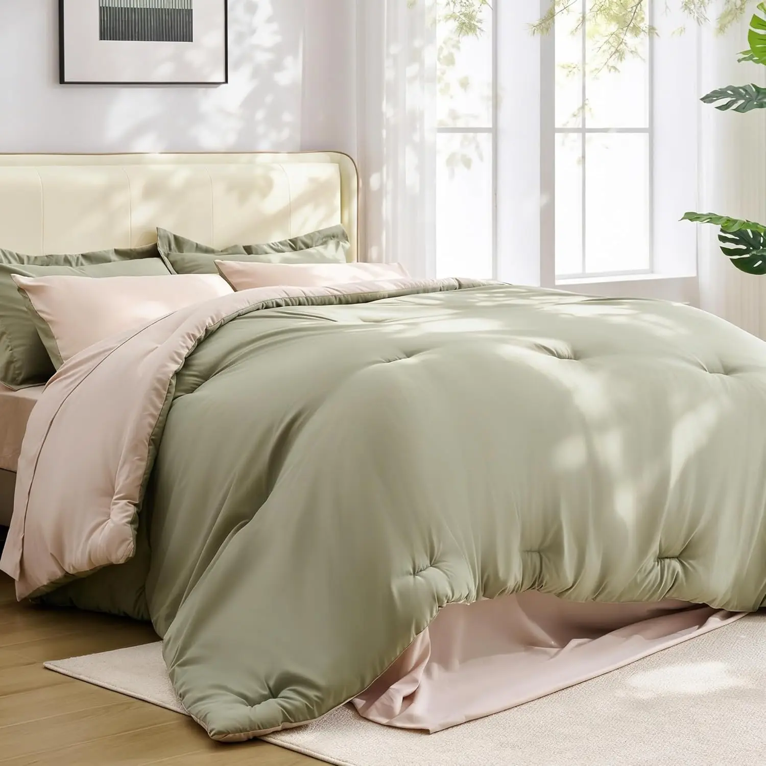 5 Pieces Comforter Set Twin/Twin XL Size, Reversible Oatmeal & Sage Green Bedding Set, Soft Brushed Microfiber Comforter with Flat Sheet, Fitted Sheet, Pillowcases & Shams, 68"X88"