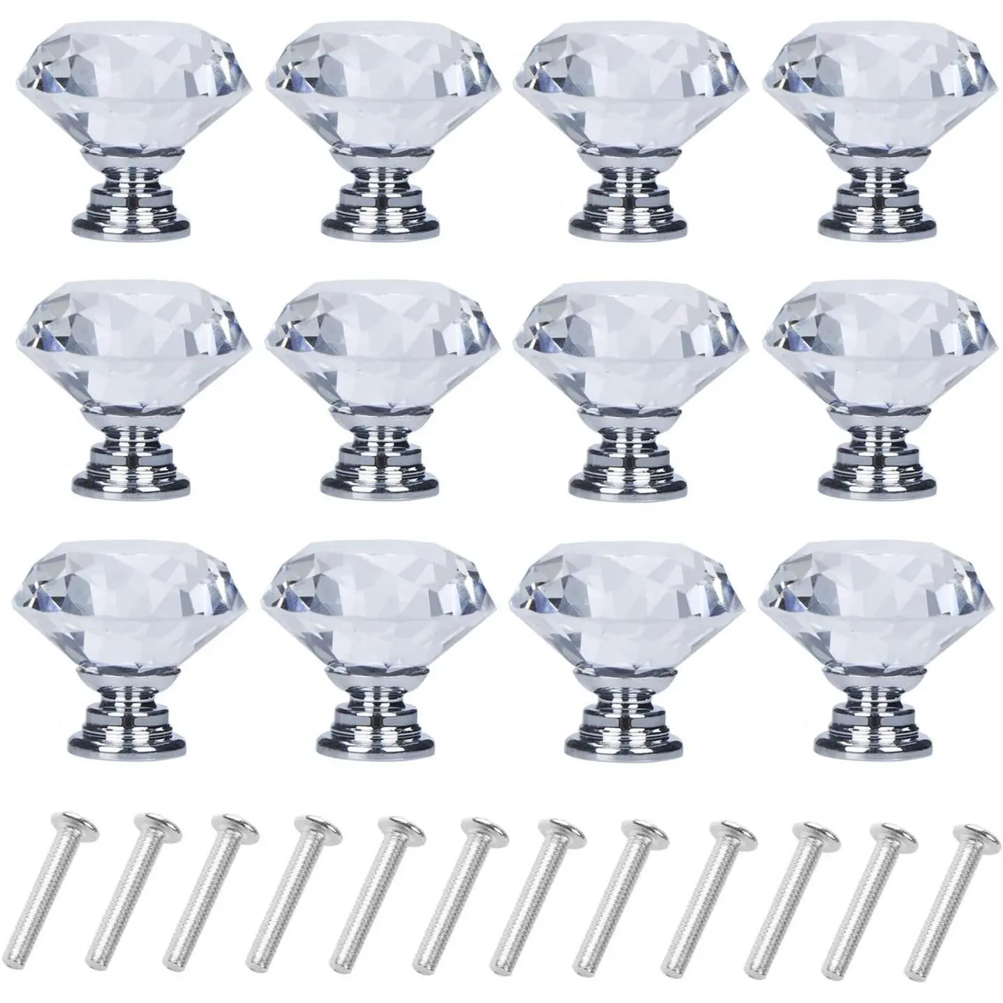 12 Pack Diamond Shaped Crystal Glass 30mm Cabinet Knobs Pull Handles, Kitchen Cabinet Hardware, Dresser Drawer Cupboard Knobs, Screws Included (Silver)Gift