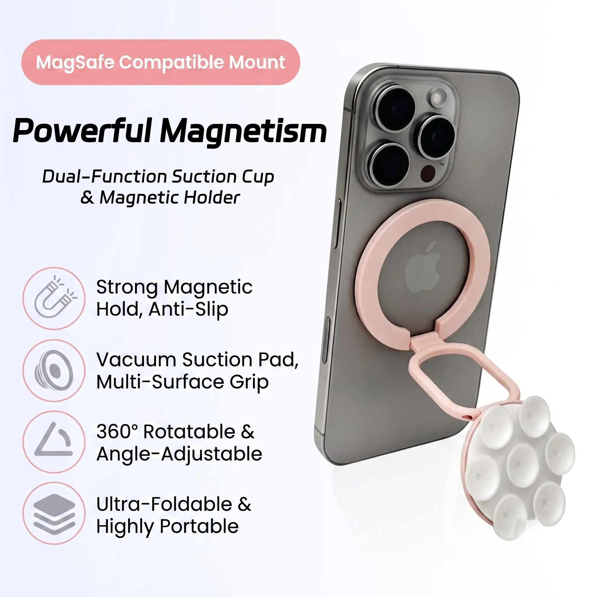 Magnetic Phone Mount for Gym New Upgraded MagSafe Magnetic Holder, 3-Segment Foldable Desktop Stand, 360° Multi-Functional Suction Ring Buckle, Available in 3 Colors