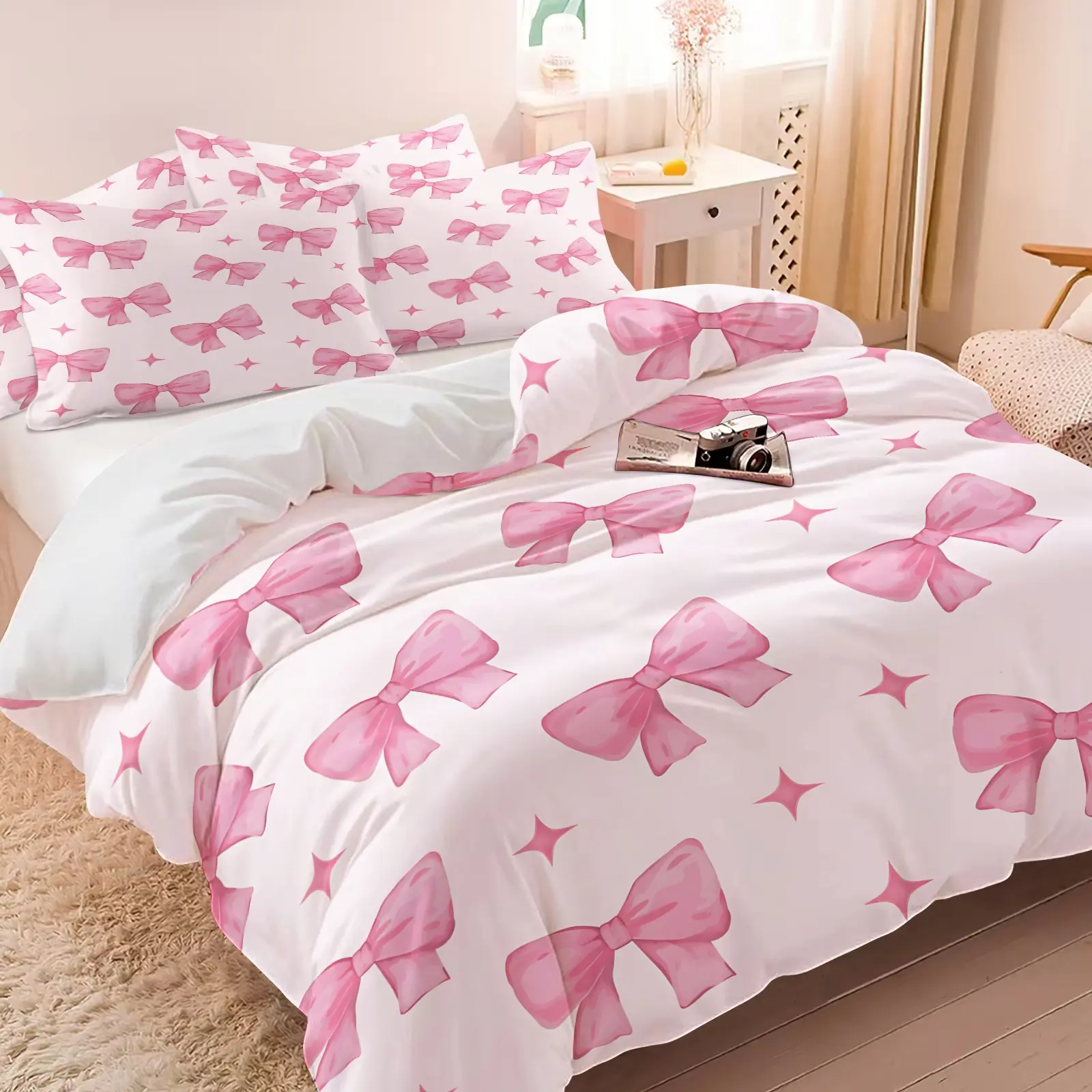 Coquette Style Pink Bow Print Duvet Cover Set, Includes 1-2 Pillowcases, Watercolor Ribbon Bed Linen Girls Princess Bedding All Size, Soft Soft Breathable Breathable Bed Set All Seasons, Comfy Bedding Set, Aesthetic Teen Bedroom Decor