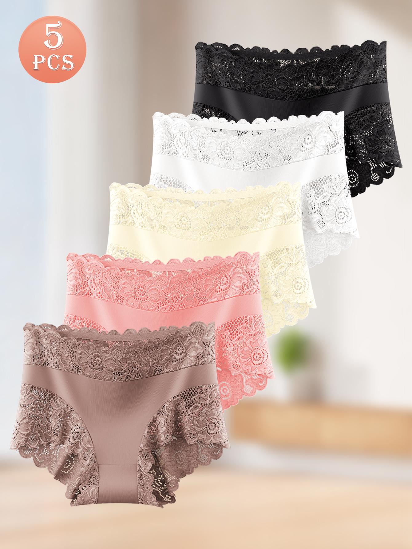 QUASTI 5 Piece Mid-Waisted Contrast Lace Underwear For Elegant Ladies - Full-brief Semi-Sheer Panties with High-Waistband, Soft Stretch Comfortable & Elegant Lace Lingerie, S-XXL SpringStatements