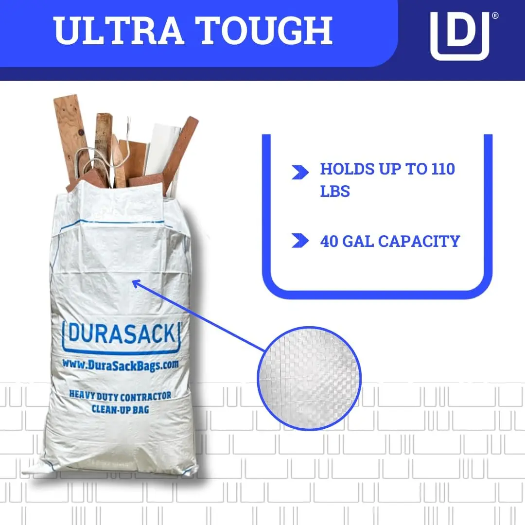 16, pack heavy use 40, gallon reusable contractor bags, white woven polypropylene, for construction debris and waste