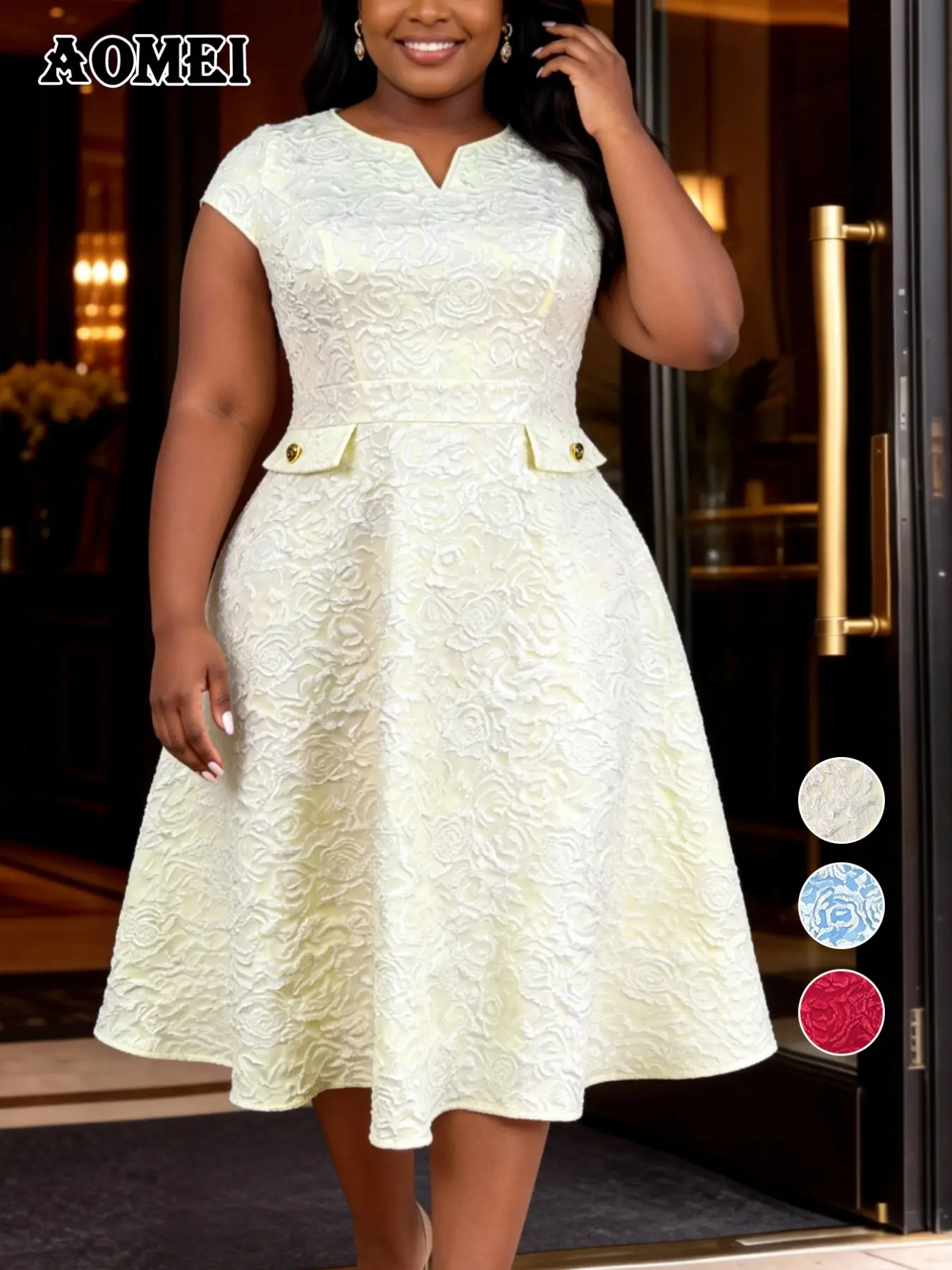 AOMEI Elegant A-Line Midi Dress, Woven Floral Jacquard, V-Neck Cap Sleeve, High Waist, Button Detail, Perfect for Parties, Weddings, Church